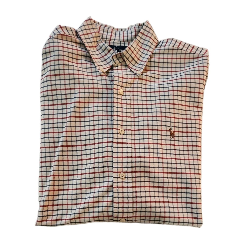 Ralph Lauren YARMOUTH Cream Red Navy Plaid 15.5/33 Long Slvs Heavyweight EUC